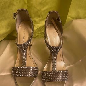 Silver satin t strap shoe